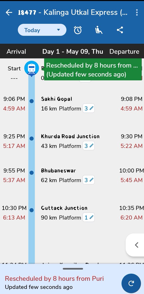 Why train no 18477 ( Kalinga Utkal express ) always reschedule by 3,4 hours and today  reschedule by 8 hours.

We don't need vande Bharat we need train with proper timetable 10,15 mint is ok 

@AshwiniVaishnaw @IndianRailMedia @RailMinIndia @RailwaySeva 

#indianrailways