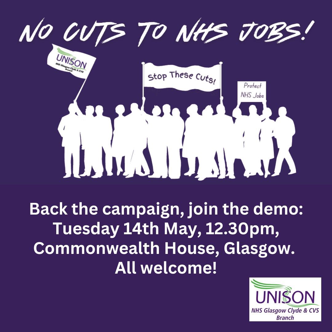 📣Back the campaign: Join the Demo! ✊We are calling on @unisonscot members and the people of Glasgow to stand with NHS staff next Tuesday at 12.30, Albion St, to demand NO cuts to NHS jobs in Glasgow’s HSCP 💪All welcome! Bring your banners and chants. Let’s defend the NHS!