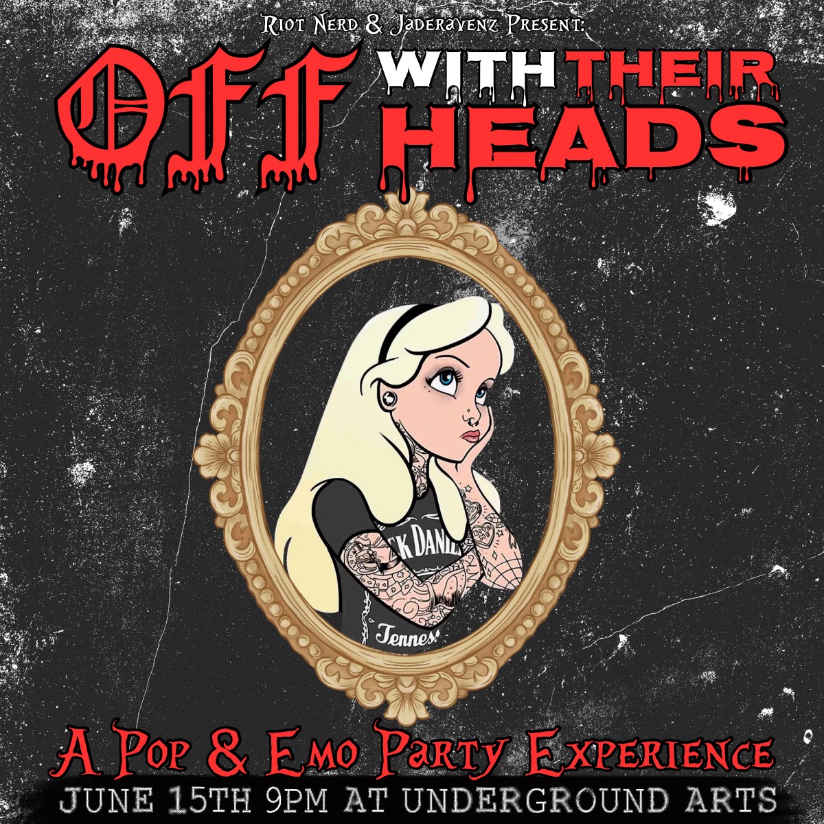 **Just Announced** Riot Nerd & JadeRavenz are running back OFF WITH THEIR HEADS - a Pop & Emo Party Experience right here on June 15 🖤🎶🍵 - Tickets on sale now > link.dice.fm/OWTH_UA