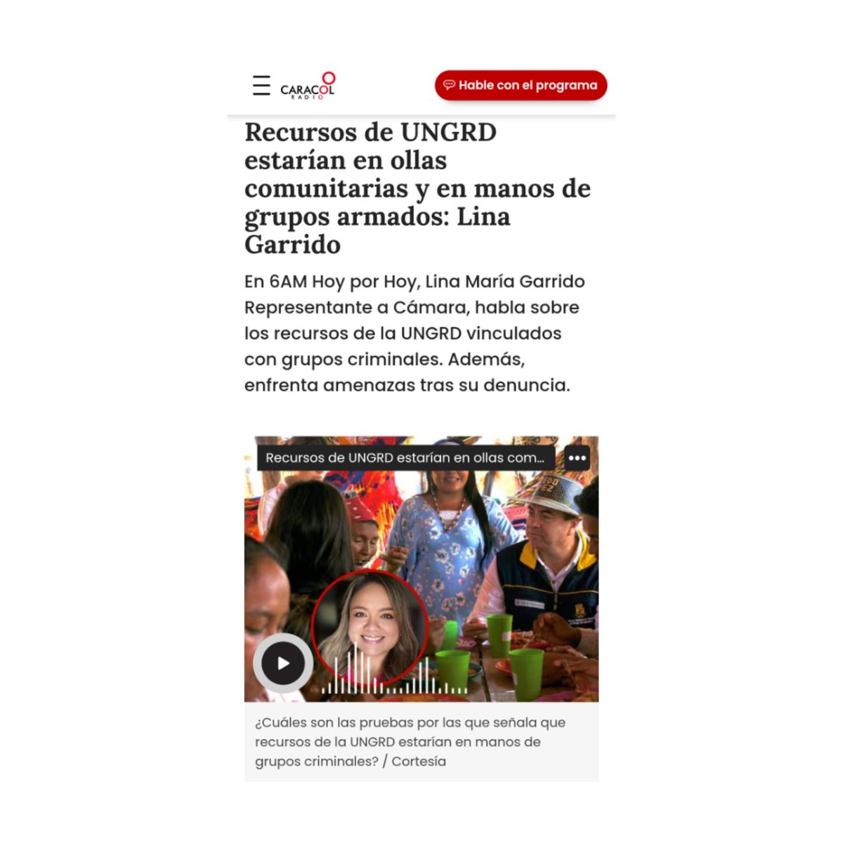 Expresamos total respaldo a nuestra representante @linamariagarri1 quien ha sido víctima de amenazas por exponer el desvío de recursos de la UNGRD a grupos criminales y ollas comunitarias. Exigimos a las autoridades que protejan su vida y que se investigue a fondo esta…