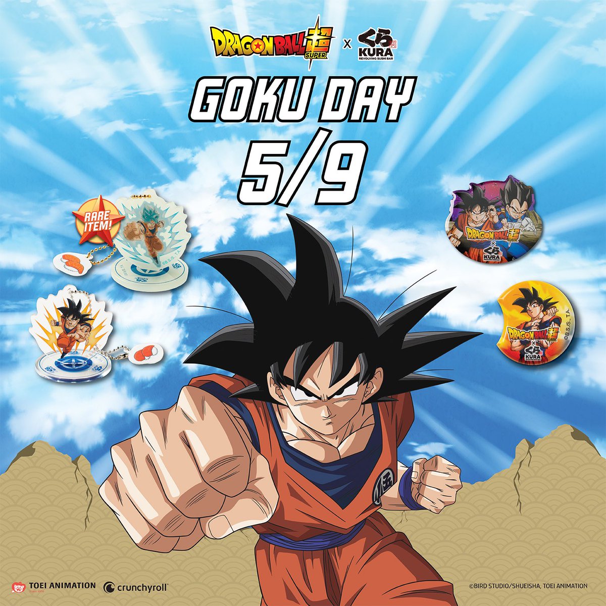 Calling all Goku fans today is #GokuDay! Why May 9th, you ask? In Japanese, 'Go' stands for 5 and 'Ku' stands for 9.    Collect a single randomized #DragonBallSuper Bikkura Pon #prize for every 15 sushi plates OR purchase your choice of prize at the sushi plate price! Available…