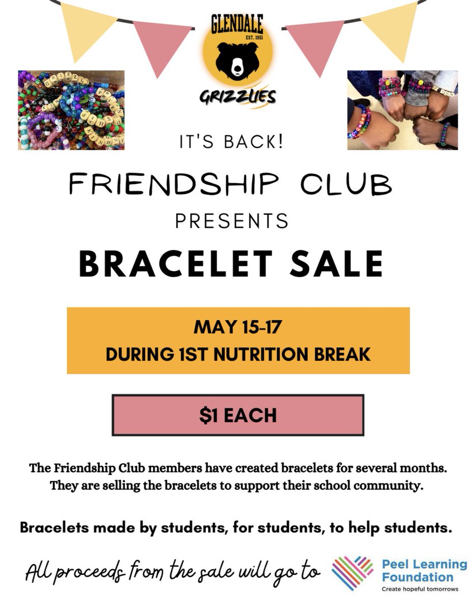 Ms. Sharma (@mssharmapdsb) on Twitter photo The Friendship Club is having their Bracelet Sale next week! 🎉
The bracelets are made by students, for students, to help students. ❤️
All proceeds from the sale will go to the Peel Learning Foundation.
@Glendale_PS <a href="/PeelLearningFDN/">Peel Learning Foundation</a> #PeelFam The Friendship Club is having their Bracelet Sale next week! 🎉
The bracelets are made by students, for students, to help students. ❤️
All proceeds from the sale will go to the Peel Learning Foundation.
@Glendale_PS <a href="/PeelLearningFDN/">Peel Learning Foundation</a> #PeelFam