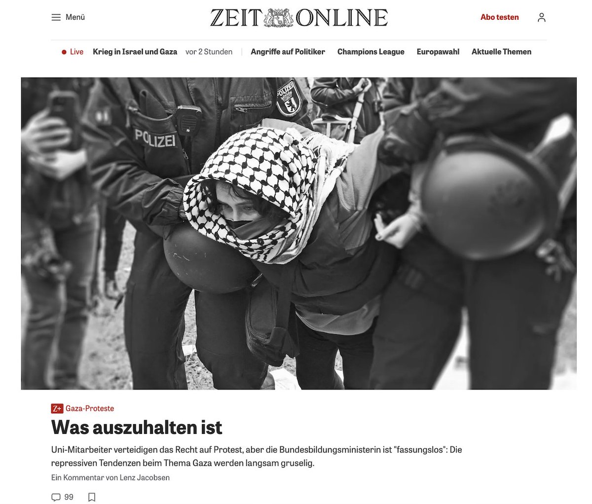 Es ist in Deutschland absolut unvorstellbar, dass in einem liberalen Medium ein Kommentar erscheint, in dem das „Aushalten“ von Gewalt- und Terroraufrufen gegen Minderheiten gefordert wird.

Außer, es geht um Juden.