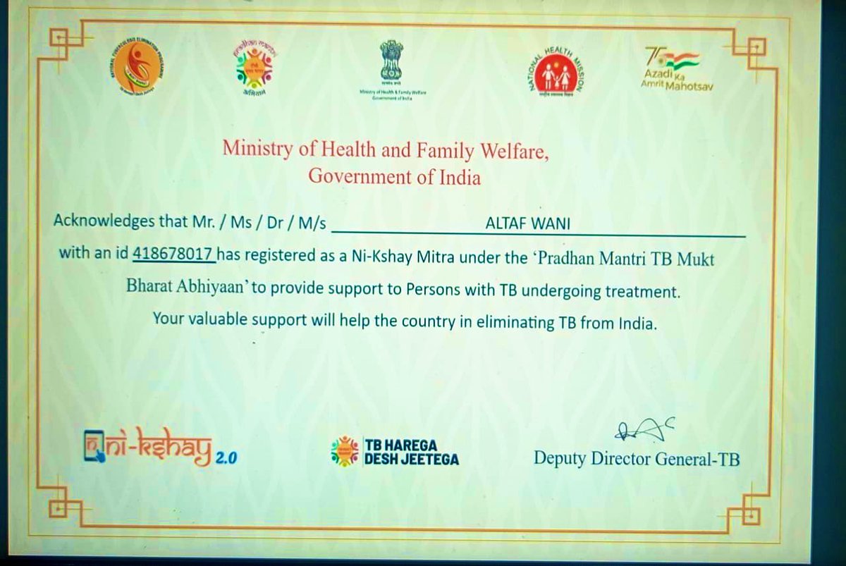 TB MUKT BHARAT - UT LADAKH (@nteputladakh) on Twitter photo Altaf Wani CHO Raru Zanskar Kargil, youngest Nikshay Mitra received certificate for his support in TB elimination program.
<a href="/TbDivision/">Central TB Division | #TBMuktBharat</a> <a href="/TBHDJ/">TB Harega Desh Jeetega</a> <a href="/ddgtb2017/">DDG - TB | #TBMuktBharat</a> <a href="/MoHFW_INDIA/">Ministry of Health</a> <a href="/NhmLadakh/">NHM Ladakh</a> <a href="/motupdorje/">Motup Dorje</a> <a href="/DIPR_Kargil/">DIPR Kargil</a> Altaf Wani CHO Raru Zanskar Kargil, youngest Nikshay Mitra received certificate for his support in TB elimination program.
<a href="/TbDivision/">Central TB Division | #TBMuktBharat</a> <a href="/TBHDJ/">TB Harega Desh Jeetega</a> <a href="/ddgtb2017/">DDG - TB | #TBMuktBharat</a> <a href="/MoHFW_INDIA/">Ministry of Health</a> <a href="/NhmLadakh/">NHM Ladakh</a> <a href="/motupdorje/">Motup Dorje</a> <a href="/DIPR_Kargil/">DIPR Kargil</a>