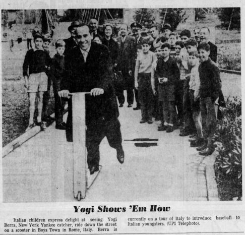 Just a little something to make you smile on a Thursday afternoon, courtesy of the @YogiBerraMuseum. Grampa Yogi, sharply dressed, on a scooter in Rome in 1959. If only his #Yankees pal and fellow paisan, the actual Scooter, had been there too! 🙏⚾️❤️🇮🇹