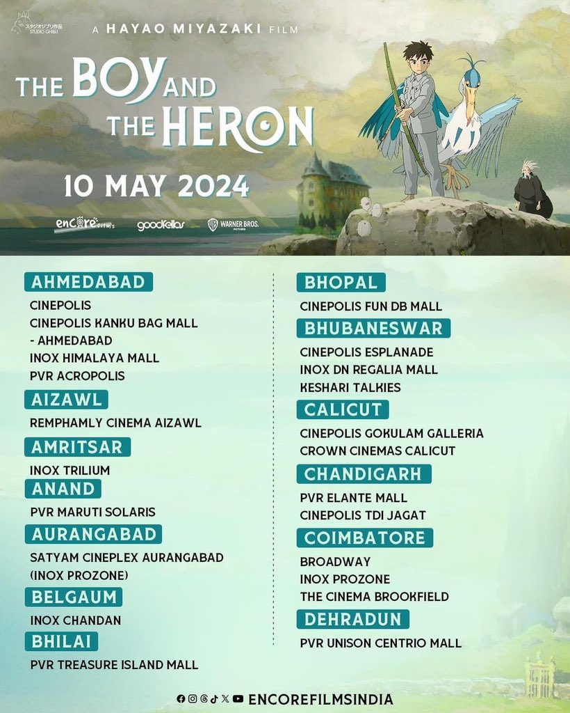 #TheBoyAndTheHeron will start screening on May 10 in India nationwide across 209 locations! 
Here’s a quick peek at the list of locations showing the movie, in both Japanese with English subtitles & English dubbed versions. 

#StudioGhibli #hayaomiyazaki #academyawards #Anime