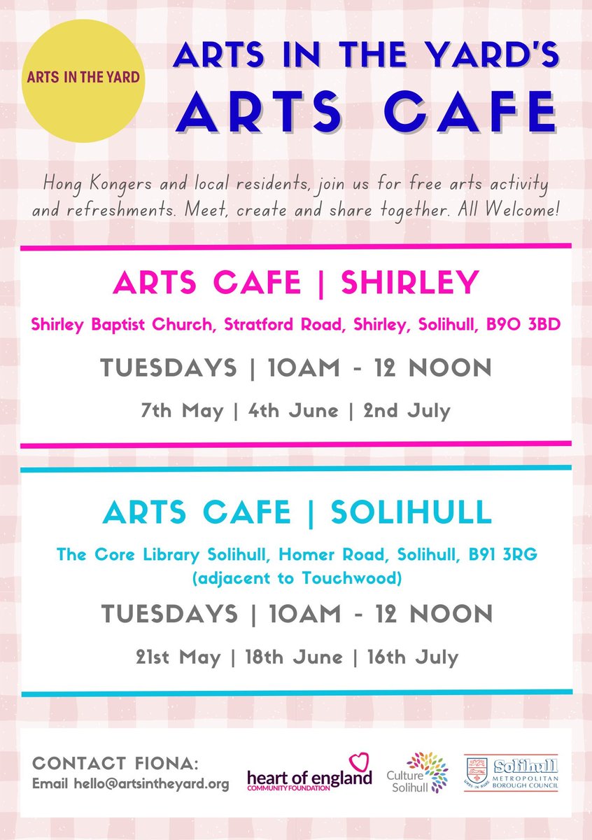 We're thrilled to share dates of our #Solihull #ArtsCafés! An opportunity for residents in Solihull borough to meet & be #creative with guidance from a professional #Artist. We're developing our work in Solihull as we work with @SolihullCouncil on their program @solihullculture.