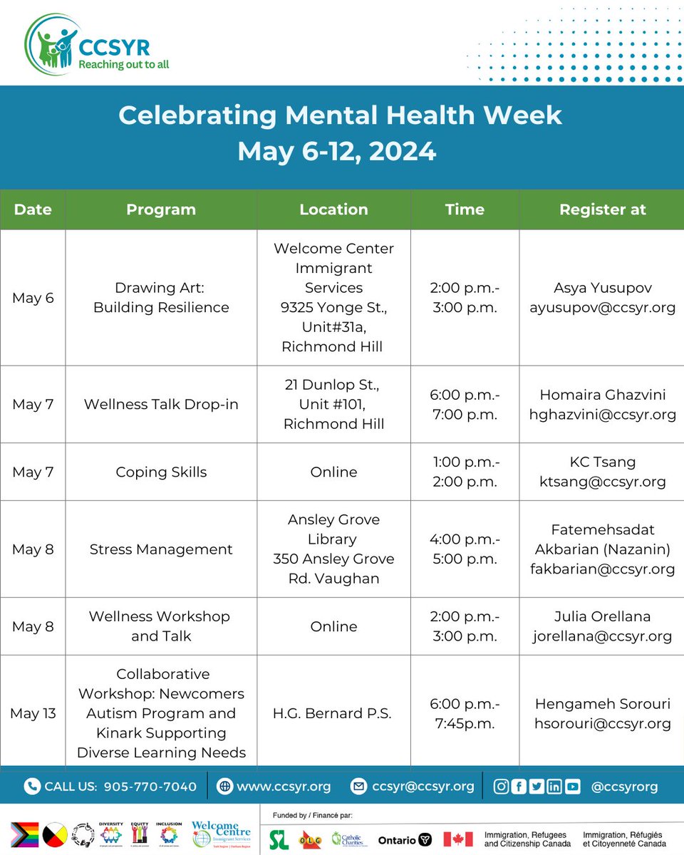 Our Counselling team has lined up free events focused on mental health and well-being of residents across York region. Check out the calendar and register now if you need #mentalhealthsupport! #MentalHealthWeek2024 #ccsyr #yorkregion #counsellingservices #mentalhealthawareness
