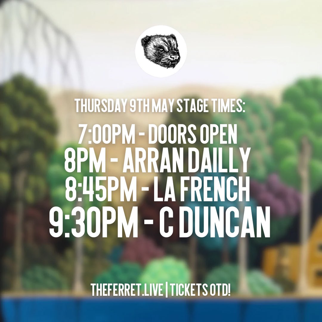 Stage times for tonight’s gig with @cspaceduncan, @l_afrench & @daillyarran! ✨🙌 7PM - doors 8PM - @daillytunes 8:45PM - @l_aFrench  9:30PM - @cspaceduncan