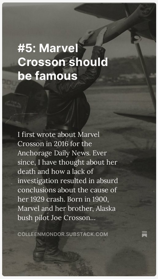 If you wonder why more women did not fly during the Golden Age of aviation, read my substack today. I'll scream about Marvel Crosson forever - she was the real deal & the dismissive way her death was handled is infuriating. /4 colleenmondor.substack.com/p/5-marvel-cro…