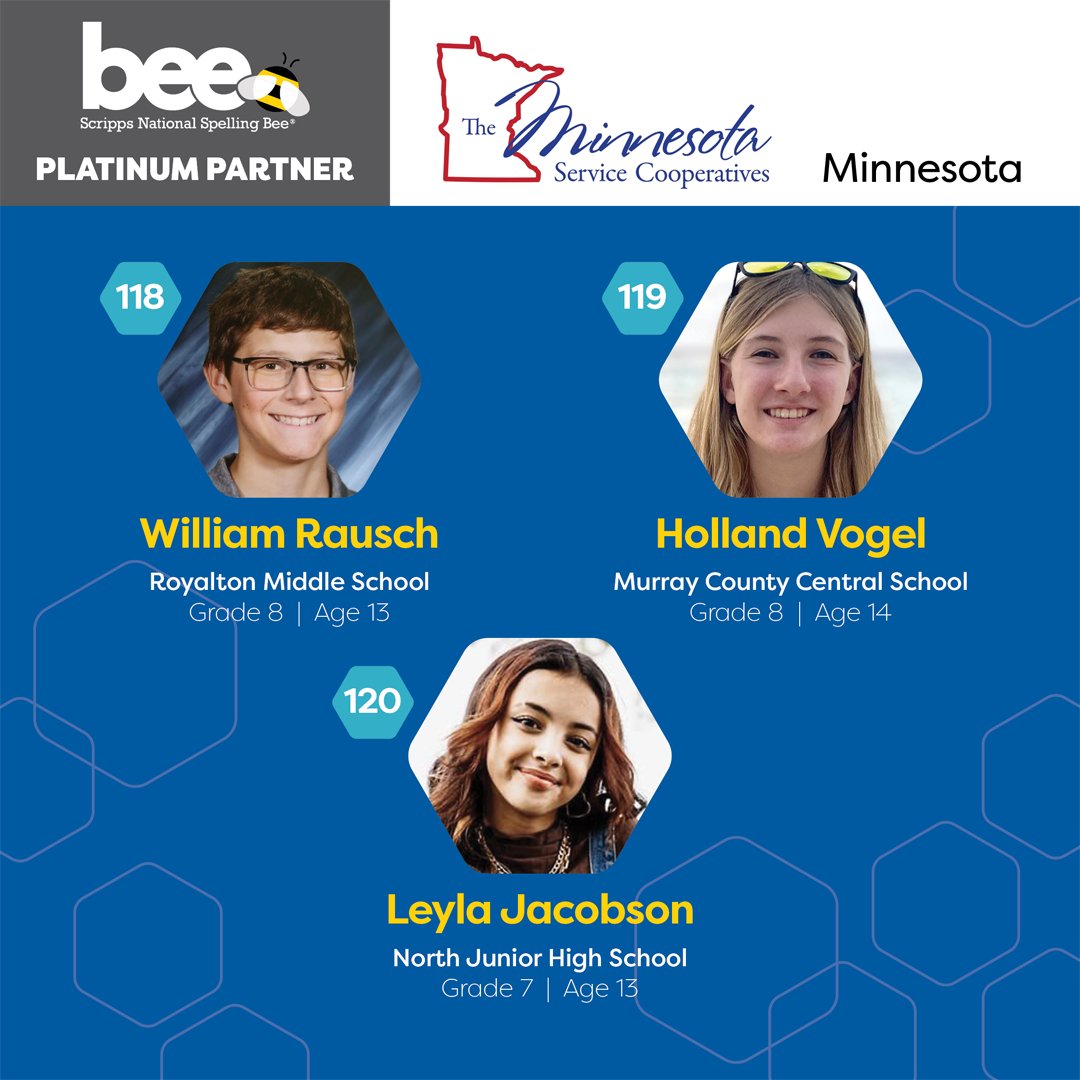 The Minnesota Service Cooperatives is one of our Platinum Regional Partners and they are supporting NINE spellers at this year's Bee! Congrats to these champion spellers: Yupeng, Kai, Jacob, Jaden, Elijah, Roberto, William, Holland and Leyla! We can't wait to see you in D.C.!