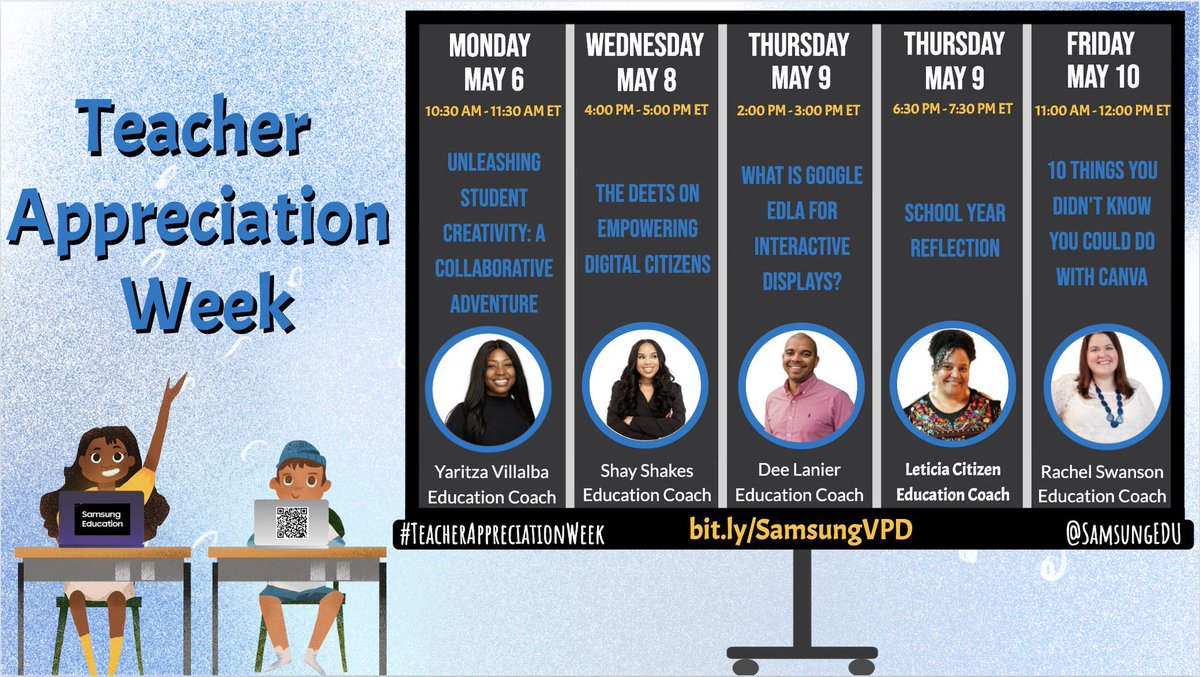 ☎️ Calling ALL Teachers! 🥳 @SamsungEDU’s Coaches are celebrating YOU with FREE webinars this week! 📺Up next… 👉🏽@deelanier showcasing Google’s EDLA on interactives 👉🏽ME taking you on a reflection journey. 👀See y’all soon! bit.ly/SamsungVPD #TeacherAppreciationWeek