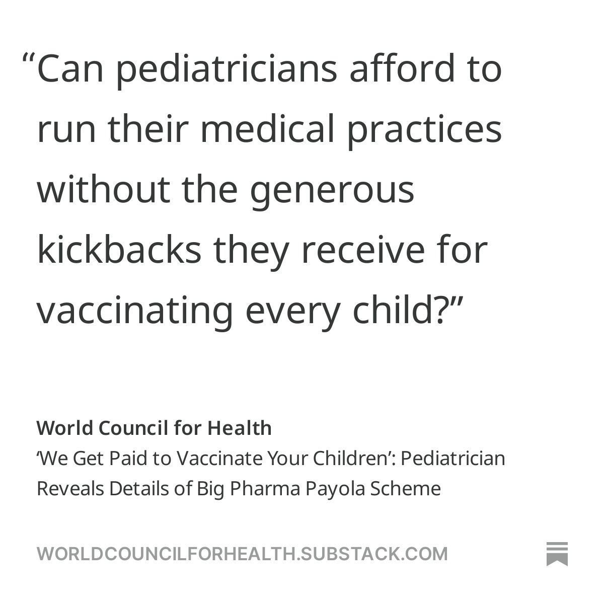 In an interview on Children's Health Defense’s “Vax-Unvax” bus, Dr. Paul Thomas exposed the financial incentives pediatricians receive for administering vaccines, including kickbacks of up to $240 per visit. Read more and share on Substack: worldcouncilforhealth.substack.com/p/paid-to-vacc…