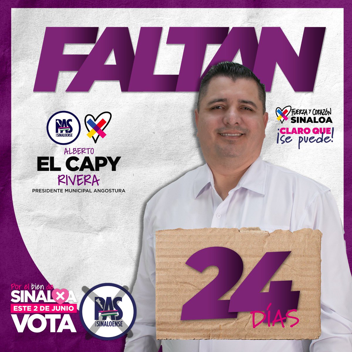 ¡Quedan solo 24 días! El cambio que #Sinaloa merece está cada vez más cerca. Estos últimos días serán cruciales para difundir nuestros compromisos y el proyecto sólido que tenemos en el #PartidoSinaloense. #PorElBienDeSinaloa #VotaPAS el 2 de junio y #ClaroQueSePuede.
