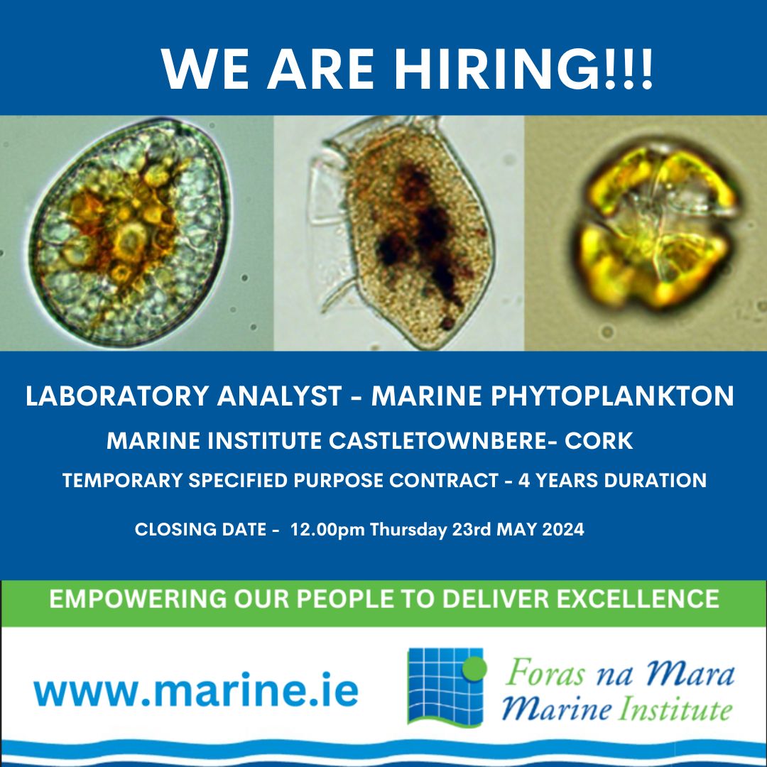 MarineInst's tweet image. 🥼CALLING ALL LAB ANALYSTS

We are looking for a #phytoplankton #labanalyst to work within the #Shellfish Safety Team. 🔗bit.ly/3WA98PH

🏢Based in Castletownbere, Cork with 3-6 month training at MI HQ in Galway.

📅The closing date is Thur, 23 May @ 12pm.

#JobFairy