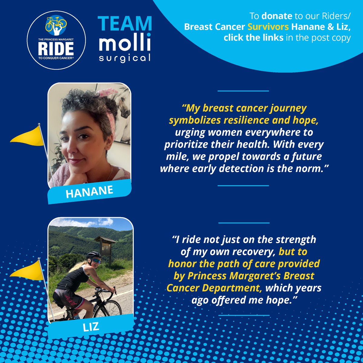 Team @MolliSurgical is inspired by our two members who are breast cancer  survivors. Hear why they are doing The @thePMCF Ride to Conquer Cancer:  Hanane Eddahani Join me in the fight against, image size:1200x1200