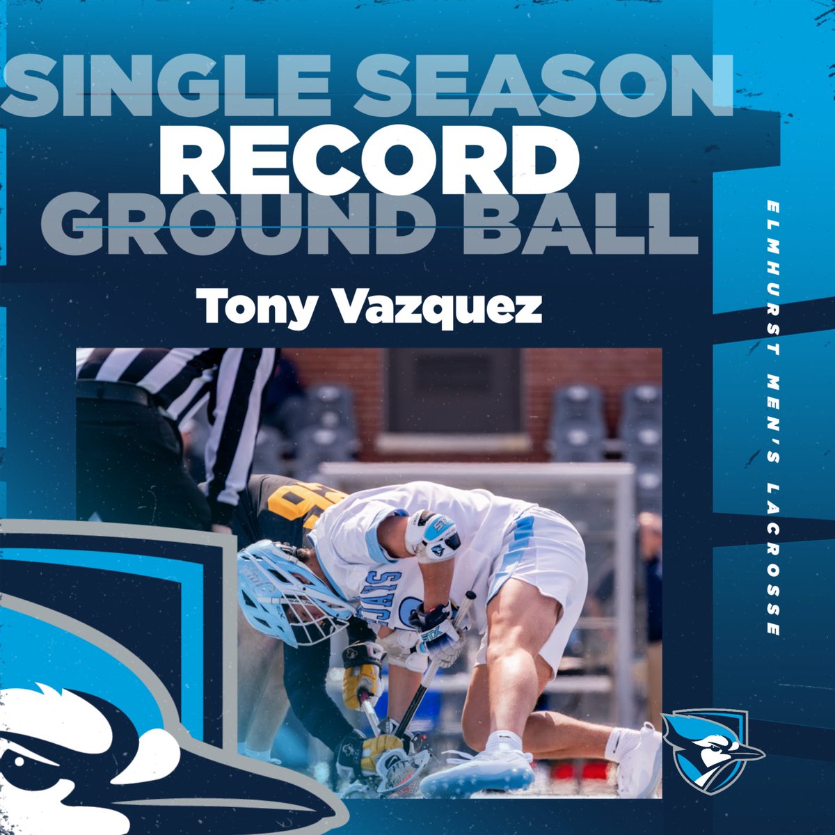 ElmhurstU_MLAX's tweet image. Congratulations Tony Vazquez, for breaking the single season ground ball record with 161. Surpassing Carter Meyer’s 151. Tony has also reached 500 career face-off wins! #BeDangerous