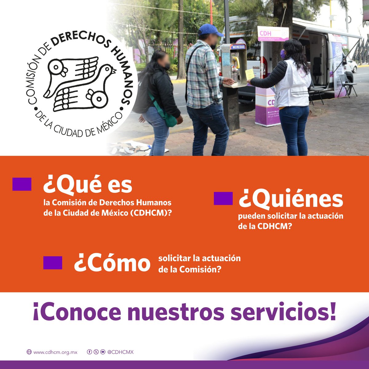 La #CDHCM interviene cuando alguna autoridad o persona servidora pública de la #CDMX vulnera tus derechos humanos.   Te atendemos las 24 horas en Avenida Universidad 1449, Alcaldía Álvaro Obregón, comunícate al: 55 5229-5600.    Conoce nuestros servicios: piensadh.cdhdf.org.mx/images/2023_fo…