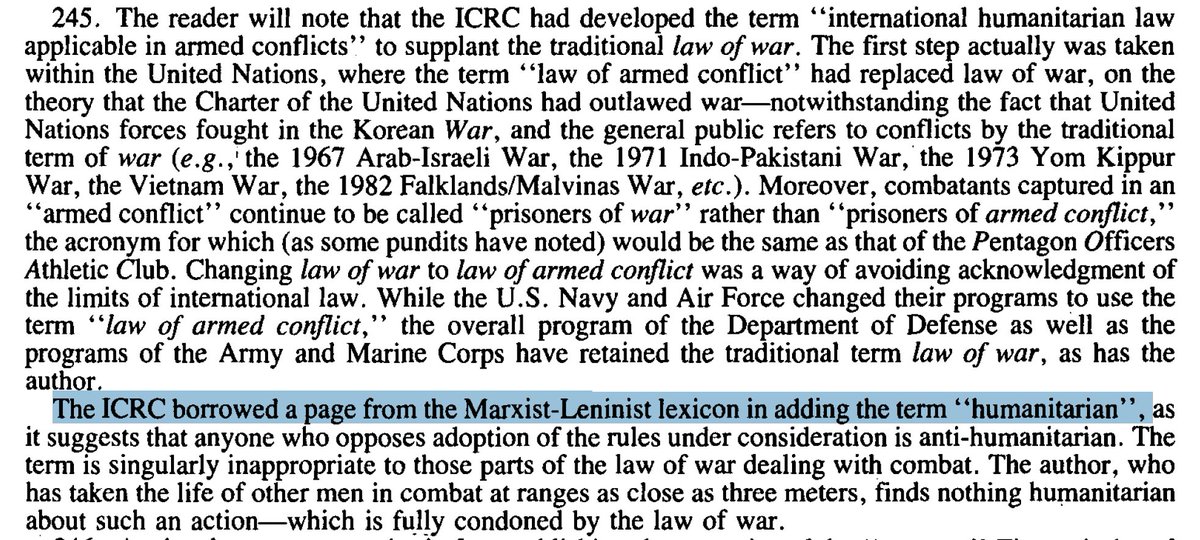 Hays Parks claiming that the 'ICRC borrowed a page from the Marxist-Leninist lexicon' in creating the term IHL- while casually alluding to his own experience of killing communists in Vietnam (1990).