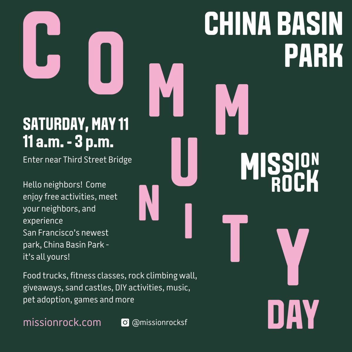 China Basin Park is hosting its inaugural community day, taking place from 11 a.m. to 3 p.m. this Saturday, May 11. 

If you're in the area, come over to Mission Rock to enjoy a fun-filled day with good food and activities!