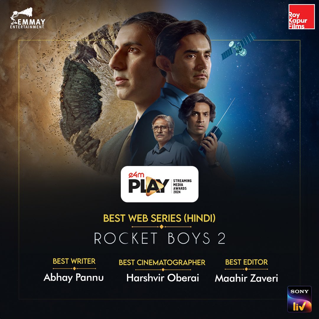 #RocketBoys2 continues to spread the stardust with an evening full of wins at the #e4mPlay OTT Awards! 🌟🚀 @e4mtweets #e4mPlay2024 @jimSarbh @IshwakSingh @ReginaCassandra #SabaAzad @_AajKaArjun_ @realabhaypannu #HarshvirOberai #MaahirZaveri #SiddharthRoyKapur @nikkhiladvani