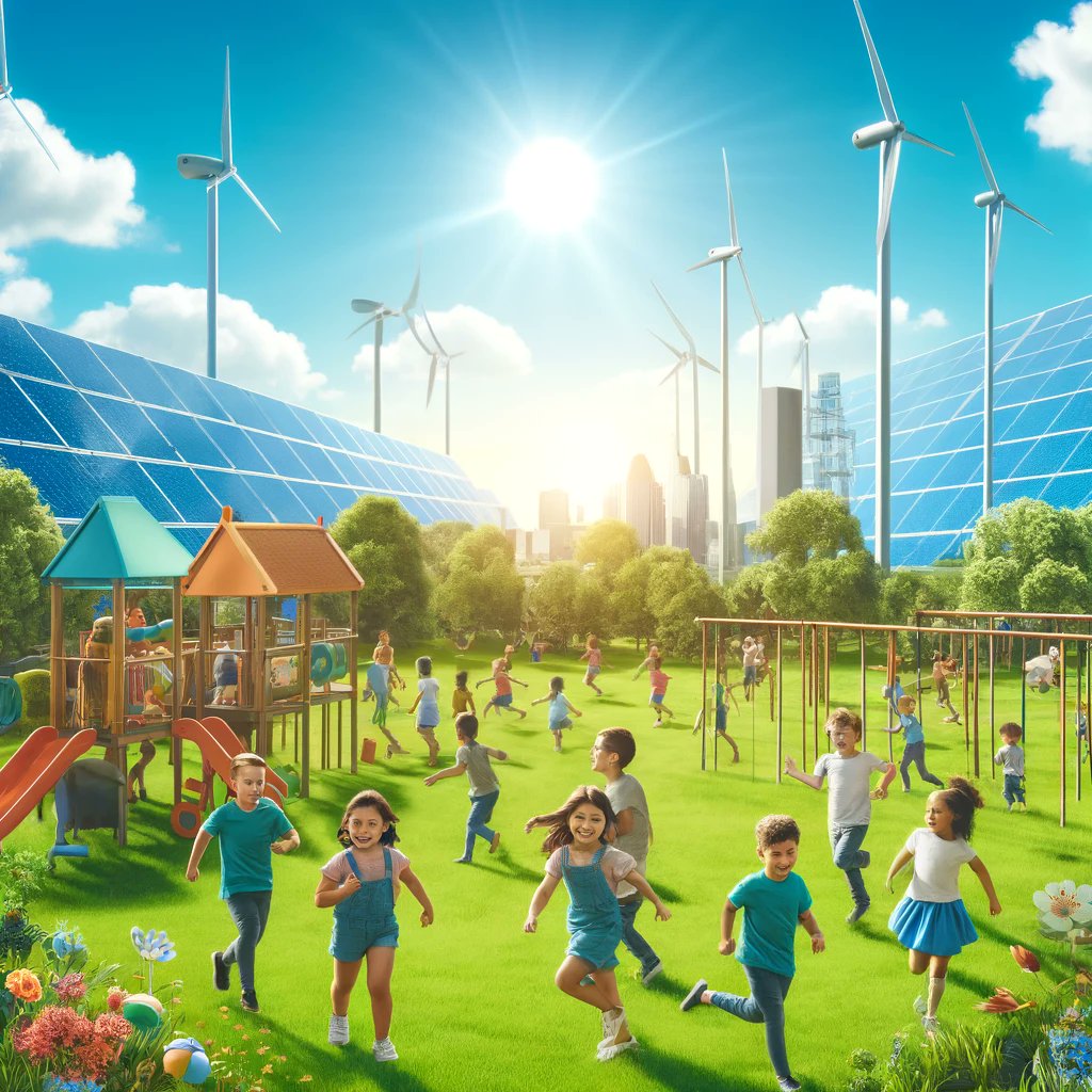 Children's laughter fills the air in green spaces powered by #RenewableEnergy. 🌿🌞 They're not just playing; they're growing up with the promise of a sustainable future.
#SustainableLiving #GreenFuture #SolarPower #WindEnergy #GreenPlanet