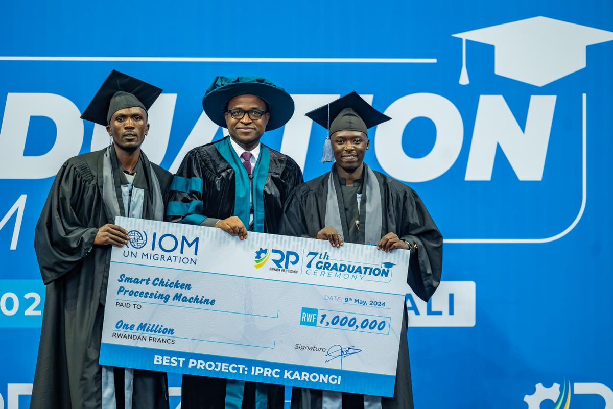 Karongi_College's tweet photo. At the #RP7thGraduation ceremony, Tuyishime David, Niyonzima Pascal, and Uwineza Celine, the designers and implementers of the project titled "Smart Chicken Processing Machine," were honored with the award for the best project at our college.

Congratulations our graduates! https://t.co/RbyThc8Z0k