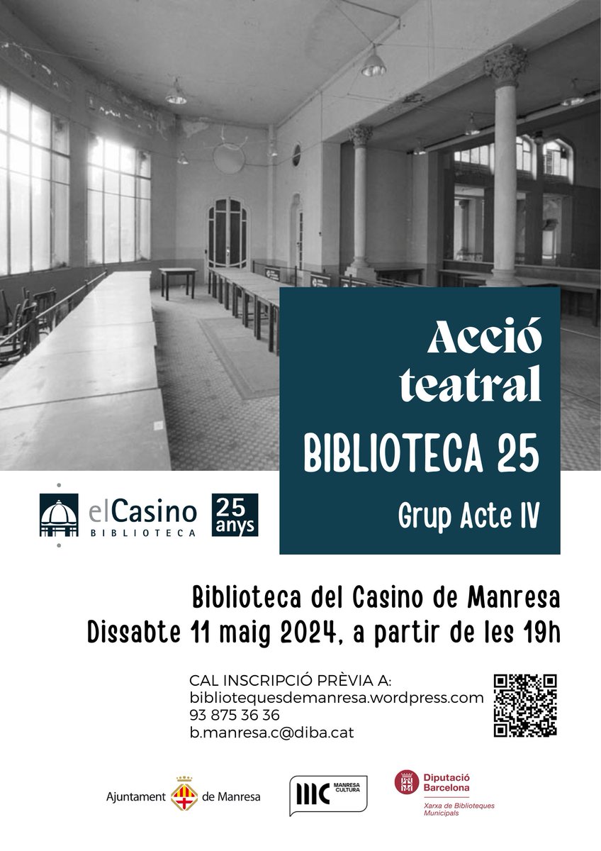 Dins dels actes de celebració dels 25 anys de la Biblioteca, et presentem una acció teatral a càrrec del Grup Acte IV, dirigida per Sílvia Sanfeliu. 🗓️dissabte 11 de maig ⏰19h, 19'30h, i 20h ✏️Cal inscripció prèvia ➡️Més info: wp.me/p3gazg-6uY #BibCasino25 #Manresa