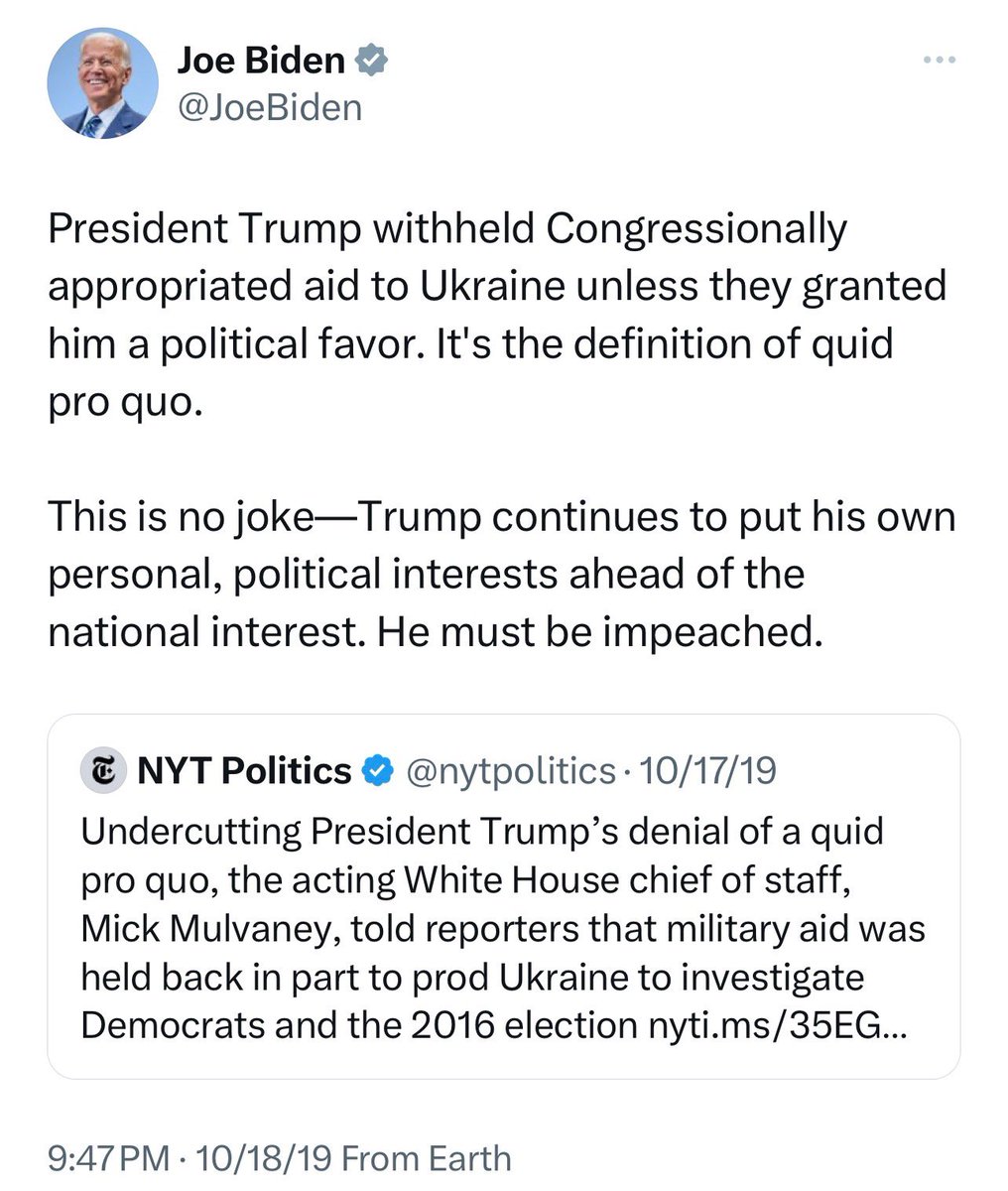 President Biden withheld Congressionally appropriated aid to Israel unless they granted him a political favor. It's the definition of quid pro quo. This is no joke—Biden continues to put his own personal, political interests ahead of the national interest. He must be impeached.