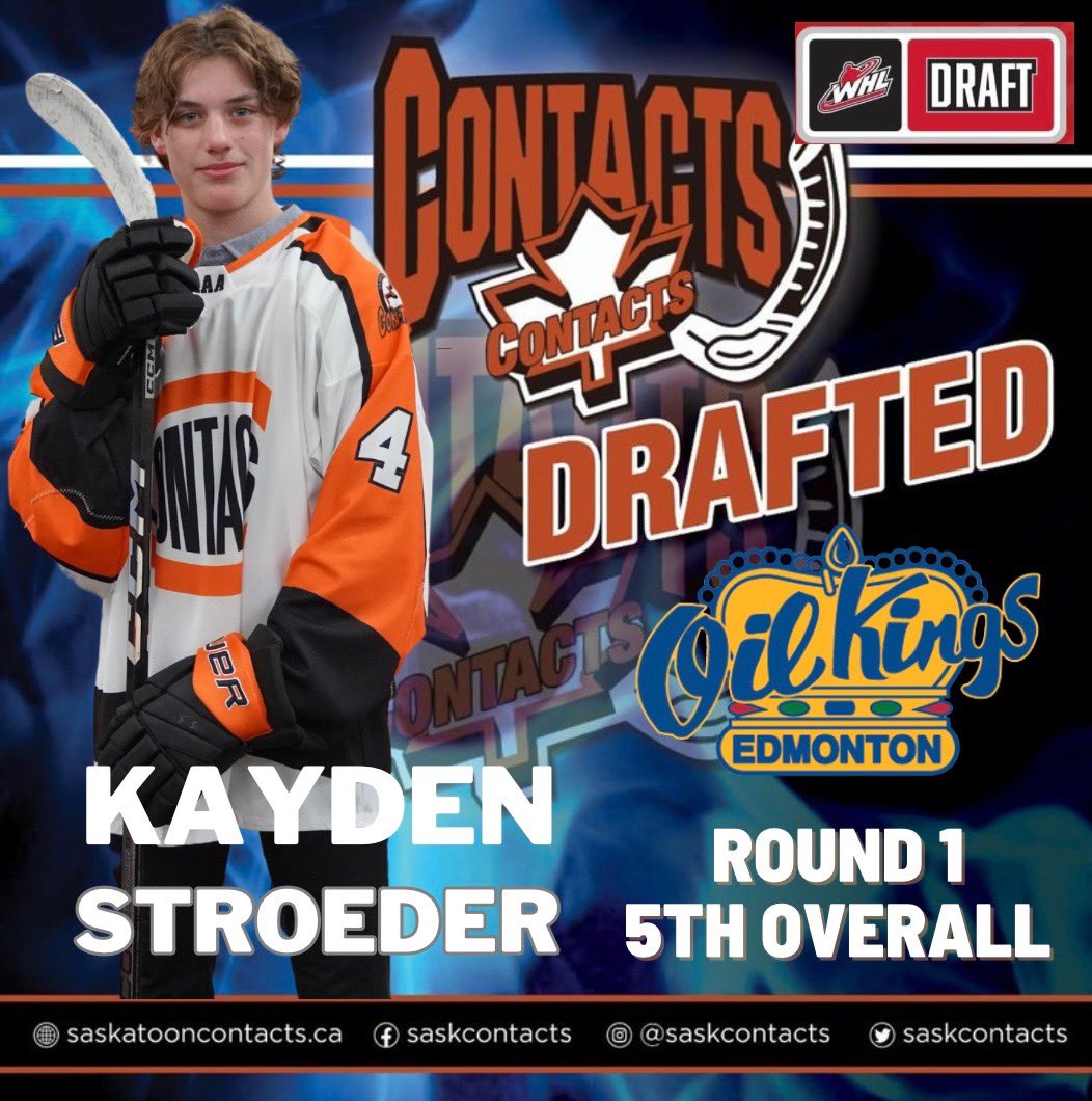 Congratulations to Contacts @_kaydenstroeder on being selected 5th OVERALL by the @edmoilkings in today’s WHL Prospects Draft!!! Exciting times for you & your family! Enjoy the moments. #whldraft #WHLprospects #edmontonoilkings #contactshockeyclub #draftday