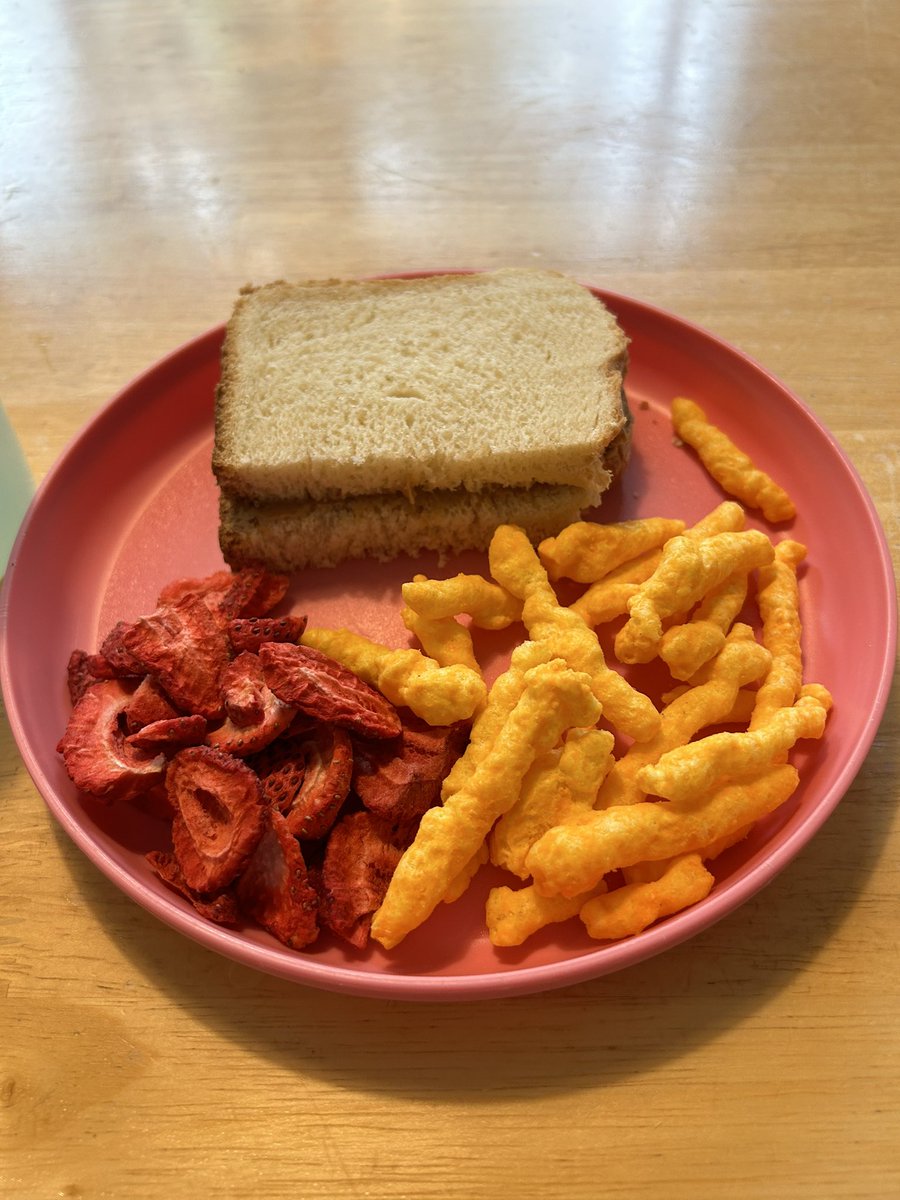 Only the VERY best for my kids, every day. Half a peanut butter sandwich, cheese crunchies and freeze dried strawberries from Trader Joe’s. Get on my level, #twittersupperclub. 

*Disclaimer-this is obviously a joke. Don’t come for me, I’m fragile today.