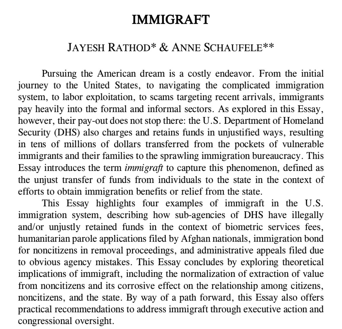 Delighted to share a recent essay, Immigraft, co-authored with Anne Schaufele @UDCLaw and published in @WisLRev. We explore the unjust (often illegal) charging and retention of fees/payments by US immigration agencies. Check it out: papers.ssrn.com/sol3/papers.cf…