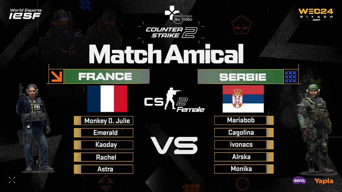 Je remplace @MissPikatchette ce soir au cast de l'Equipe de France féminine de Counter-Strike 2 ! Match amical - Préparation @iesf_official : France 🇫🇷 - 🇷🇸 Serbie ⌚️ - 21h 📺- twitch.tv/ffjv_officiel
