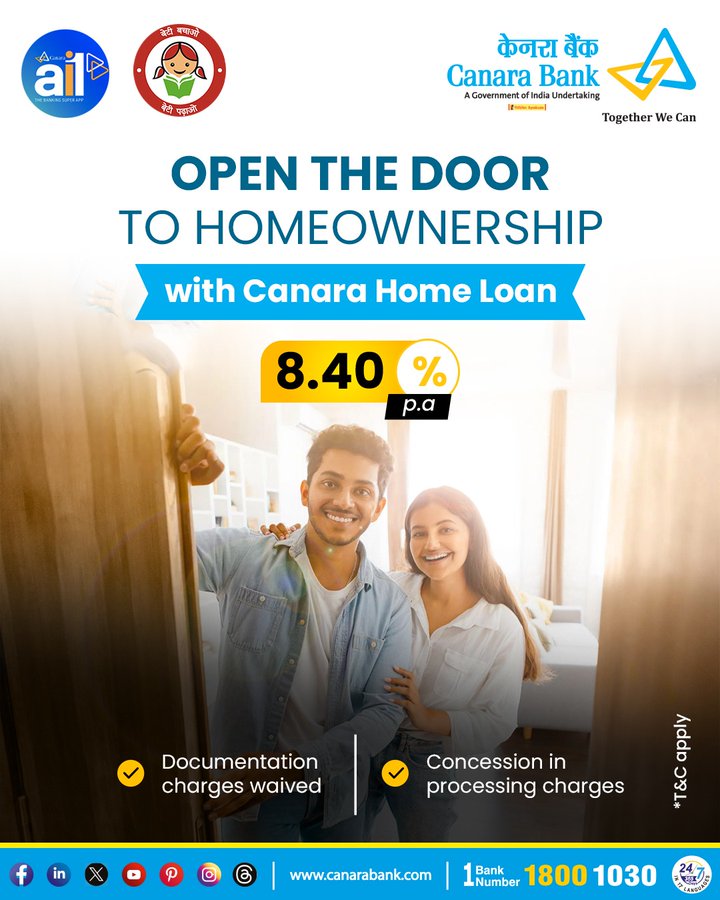 Start your journey to owning your dream home today with Canara Home Loan. Avail the benefit of waived documentation charges and concessions in processing charges.

Apply now: canarabankcsis.in/retail/HomeLoa…

T&Cs apply.

#CanaraBank #HomeLoan