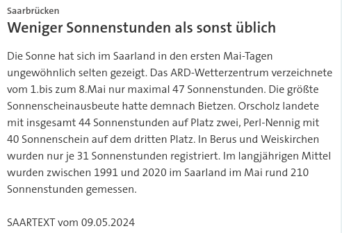 #SKK20240509 #SAARTEXT 'Die Sonne hat sich im Saarland in den ersten Mai-Tagen ungewöhnlich selten gezeigt.' Kommentar: Verdunkelt sich die Sonne über dem Saarland? | #Saarland #Saarbrücken #Wetterzentrum #Sonnenstunden #Mai24