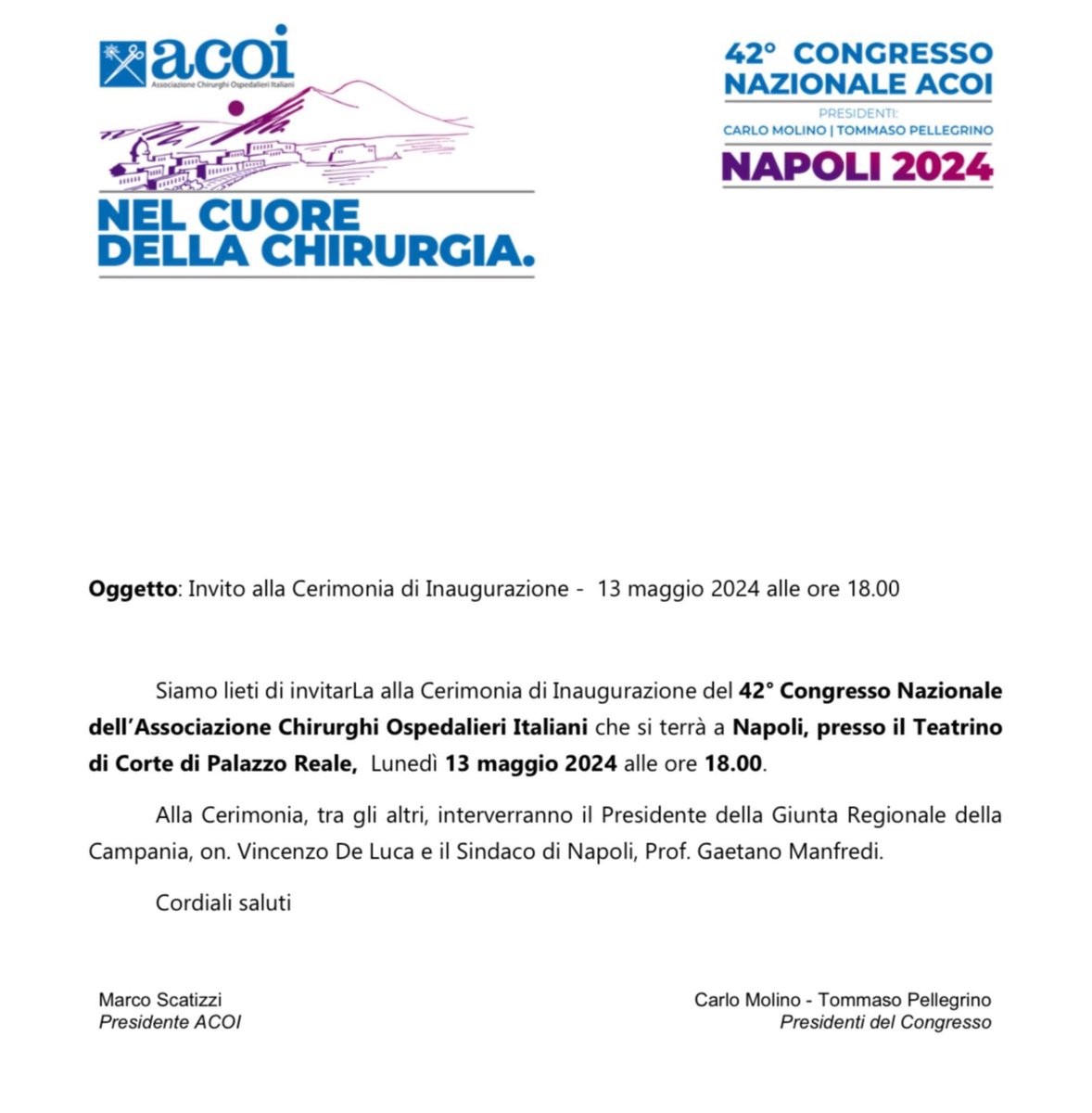 Lunedì 13 maggio, ore 18, presso il Teatrino di Corte di Palazzo Reale, si terrà la Cerimonia di inaugurazione del 42° Congresso Nazionale ACOI!

🔍 Per maggiori informazioni ⤵️
acoi.app