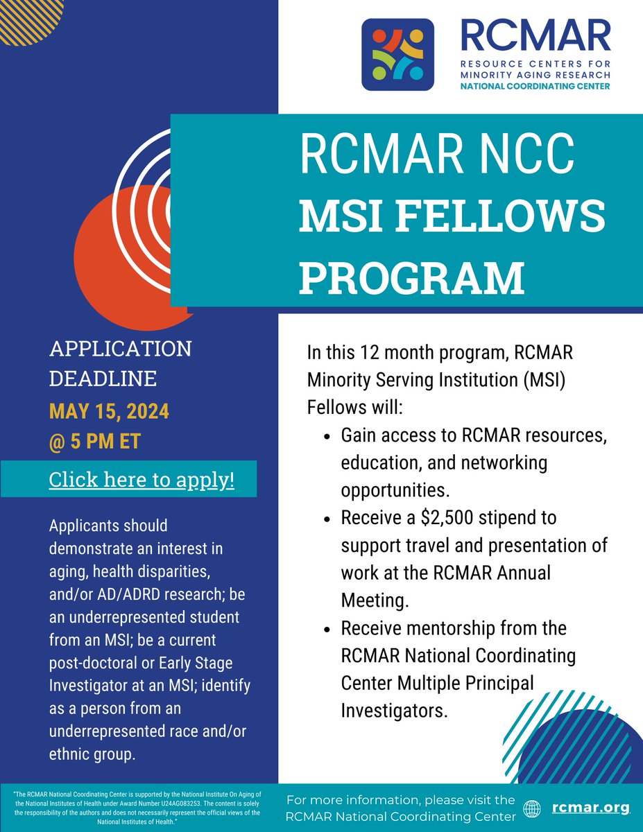RCMAR NCC applications for Minority Serving Institution Fellows Program are still open! Application deadline is May 15, 2024. Learn more at: tinyurl.com/4ynwp77d