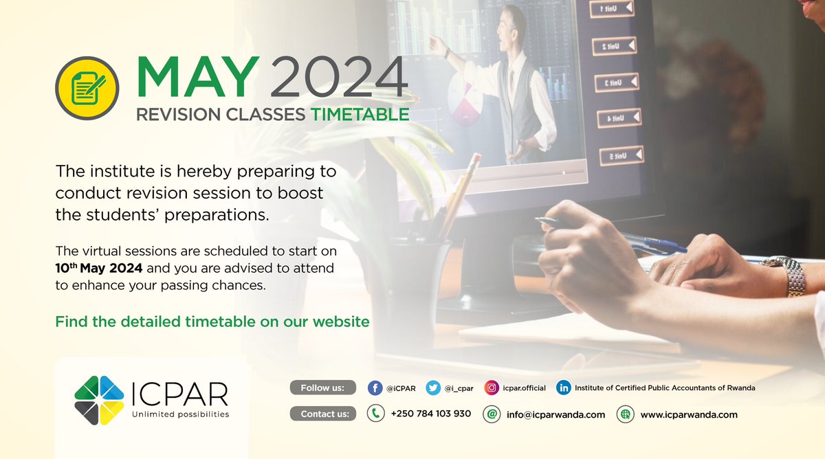 '📚 Get ready for the upcoming ICPAR qualifications exams with our revision classes. Check out the May 2024 revision classes timetable to ace those exams! 🌟To access the detailed timetable, please visit the following link  shorturl.at/dELTY
#ICPAR #StudyHard #SuccessAhead'