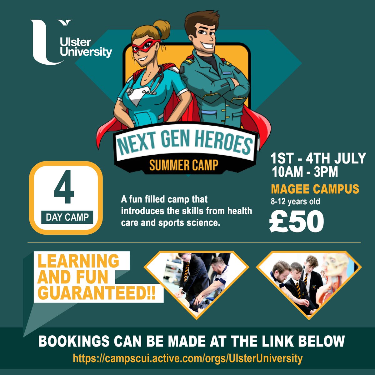 Are you interested in a summer camp for 8-12 year olds running from 1-4th July 24 (10am-3pm) in Ulster University Derry/Londonderry campus? We are calling all Next Gen Heroes!! You can book on this link campscui.active.com/orgs/UlsterUni…