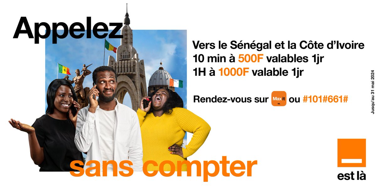 Célébrez le mois du travail avec nos forfaits Sénégal et Côte d’Ivoire à partir de 500F. RDV sur Max it : t.ly/Maxit ou tapez le #101#661#. #Senegal #Cotedivoire #OrangeMali