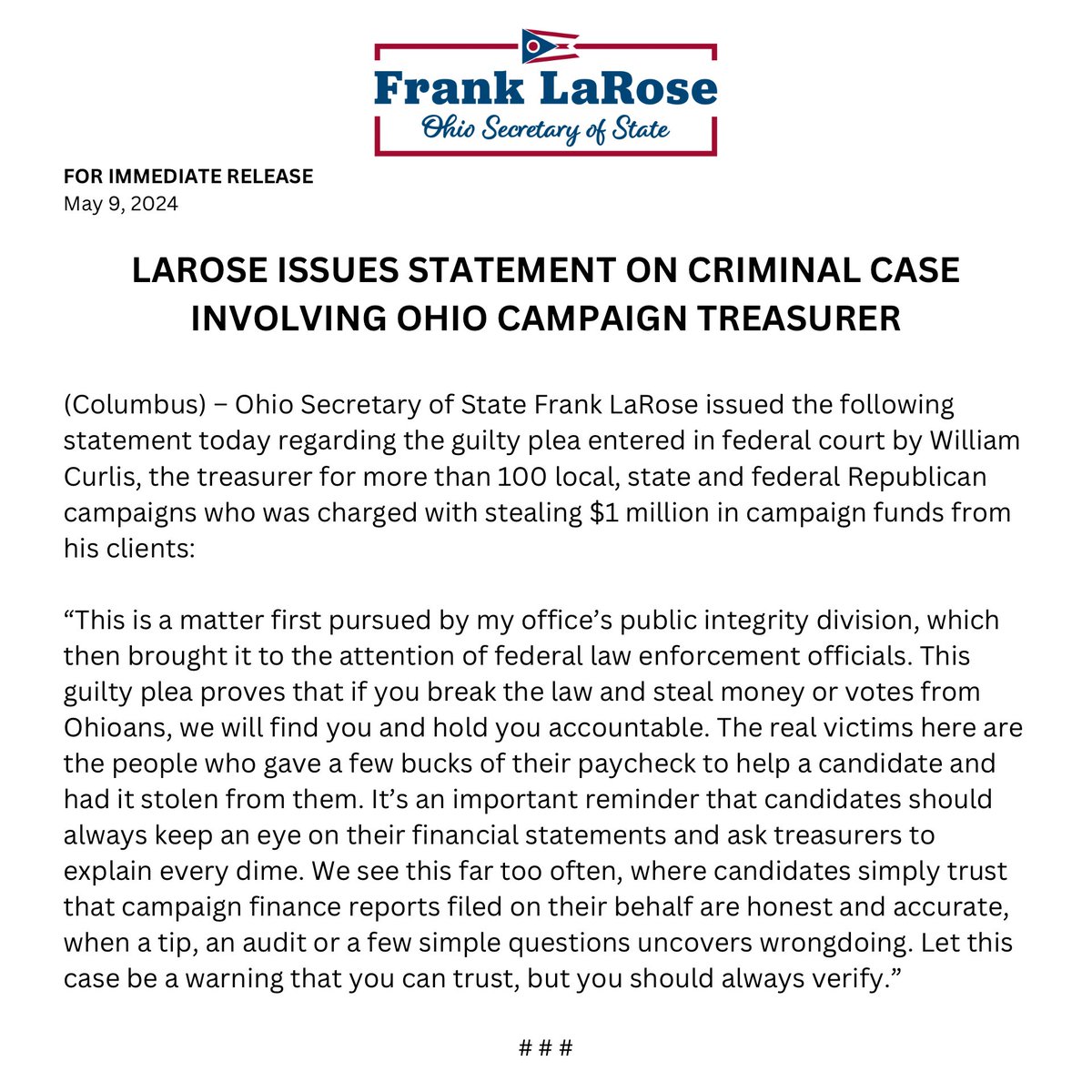My statement on the new developments in the criminal case involving an Ohio campaign treasurer and the incredible work by our Public Integrity Division.