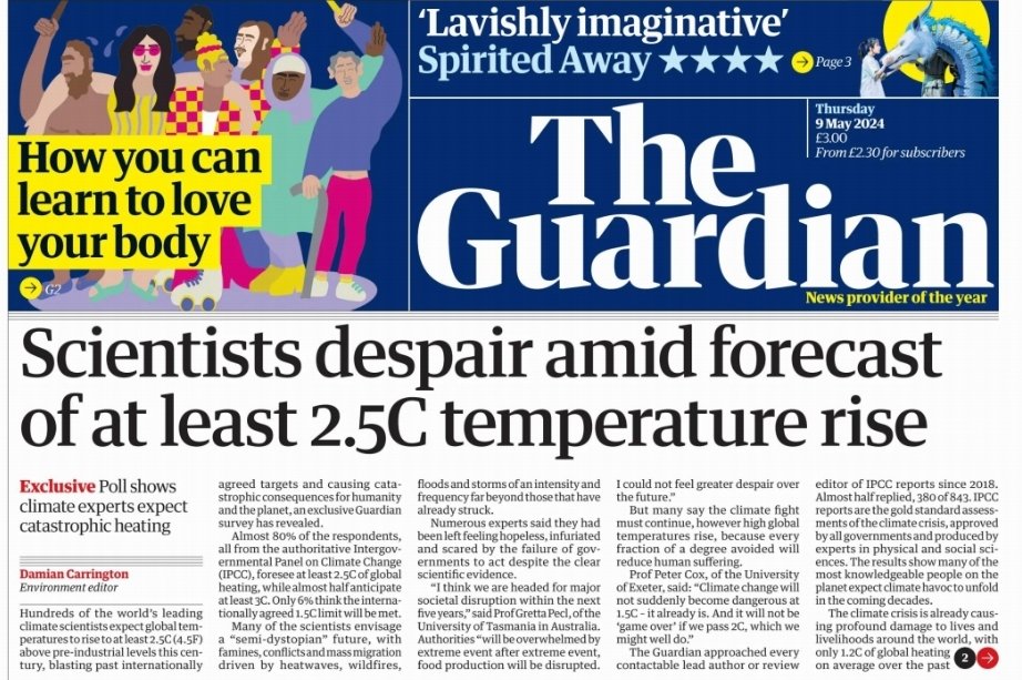 Capa do Guardian: cientistas entram em desespero com projeção de aumento de temperatura em pelo menos 2,5 graus celsius