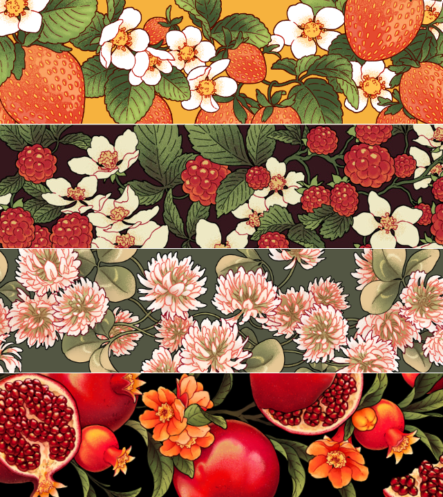 Some fruits and florals! (available on skirts below)