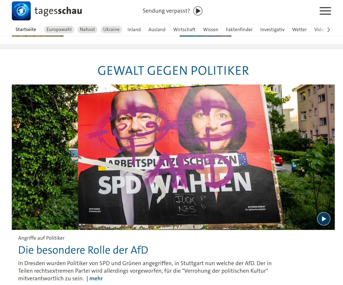 Man ist von der penetrant einseitigen Berichterstattung in der ARD ja schon einiges gewohnt. Aber wie die @tagesschau versucht, der AfD die Schuld für einen tätlichen Angriff auf AfD-Politiker zuzuschieben, bedeutet eine neue Qualität der Manipulation!