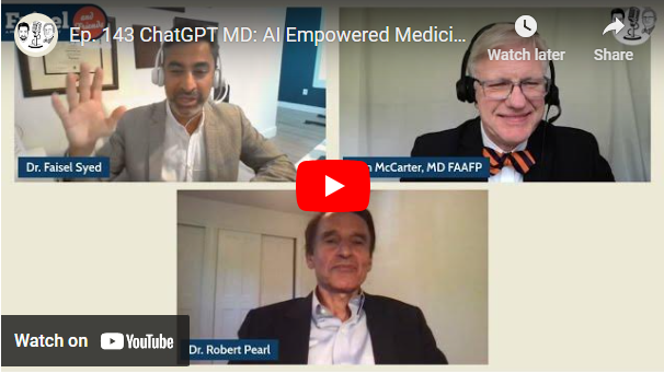 PC4America's tweet photo. How is ChatGPT impacting medicine? The newest episode of Faisel &amp; Friends features author and physician leader @RobertPearlMD. Our conversation touched on utilizing generative AI tools in medicine &amp; managing patient success through #AI applications. https://t.co/0VpgI1vyx1 https://t.co/b35mKi8VdX