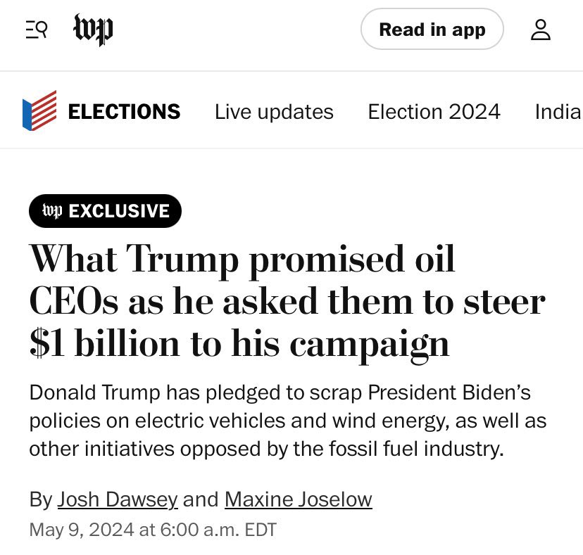 Big Oil is literally writing up Executive Orders for Trump to sign on Day 1 — with the promise of $1 billion in return. He’s giving away our planet in return for cash. Have we just accepted this as the new norm??