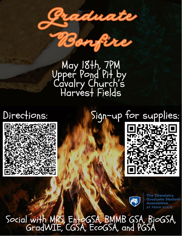 To kick-off the start of summer, GSA is co-hosting a bonfire with 7 other graduate organizations!   The event will be held on Saturday, May 18th at Cavalry Church’s Harvest Field (the upper pond firepit).   We are so excited for this event and cannot wait to see everyone there!