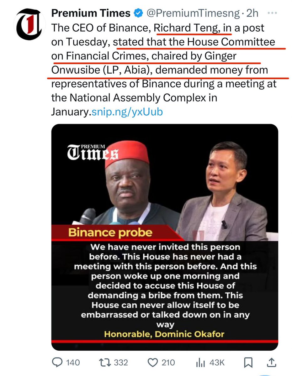 The CEO of Binance, Richard Teng, in a post on Tuesday, stated that the House Committee on Financial Crimes, chaired by Ginger Onwusibe (LP, Abia), demanded money from representatives of Binance during a meeting at the National Assembly Complex in January Are you sure new…