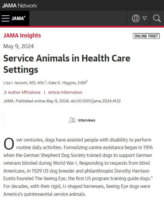 This JAMA Insights article reviews Americans with Disabilities Act (ADA) rules for patients, visitors, and other members of the public bringing service animals into health care settings. ja.ma/4abT9e4