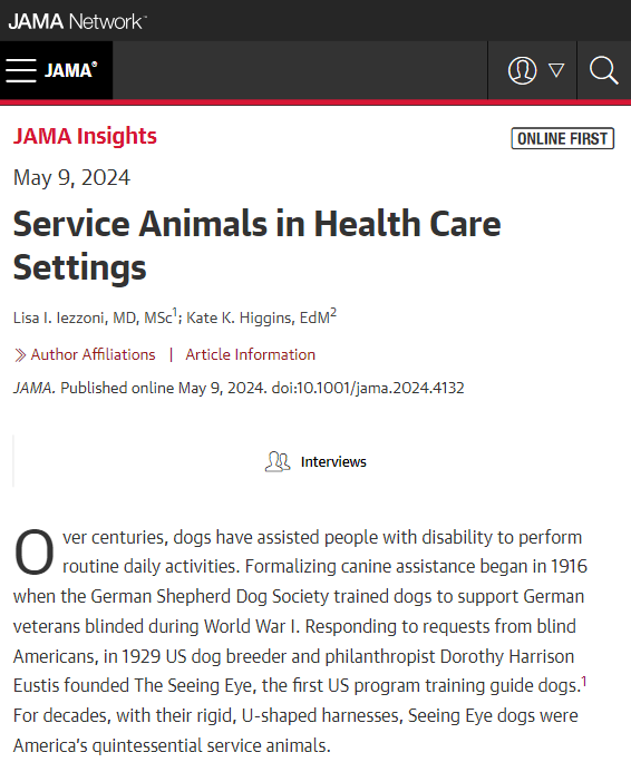 This JAMA Insights article reviews Americans with Disabilities Act (ADA) rules for patients, visitors, and other members of the public bringing service animals into health care settings. ja.ma/3QD5e58